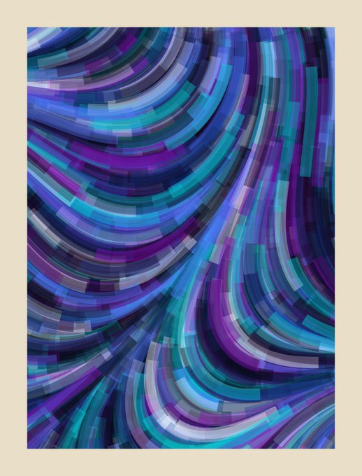 An abstract digital artwork consisting of curved, segmented bands in shades of blue, purple, and gray, creating a swirling, pixelated pattern.