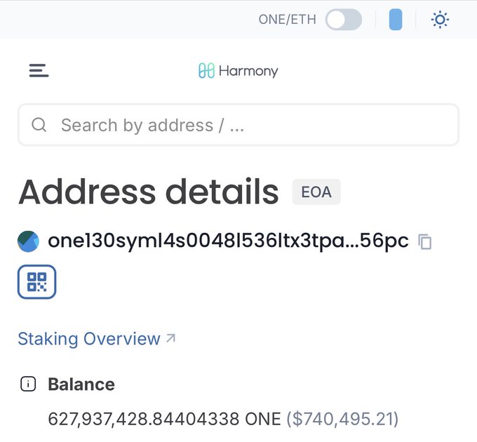 A Harmony blockchain address details page showing a balance of 627,937,428.84404338 ONE (~$740,495.21) for address one130syml4s0048l536ltx3tpa...56pc.