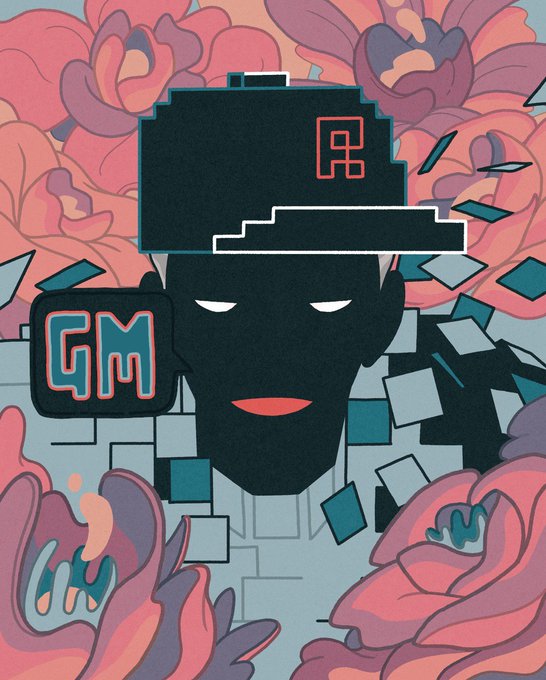 An artistic illustration depicts a silhouetted figure with glowing white eyes and red lips wearing a briefcase-shaped hat, with a 'GM' label on one side, surrounded by floating squares and pink floral elements.