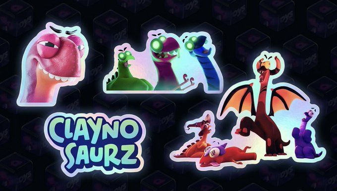 Promotional graphic for "CLAYNO SAURZ" featuring colorful cartoon dinosaur character stickers on a dark background with a hexagonal pattern.