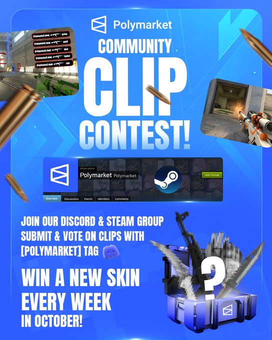 A promotional graphic for the 'Polymarket Community Clip Contest!' encouraging users to join their Discord and Steam group to submit clips for a chance to win a new skin every week in October.