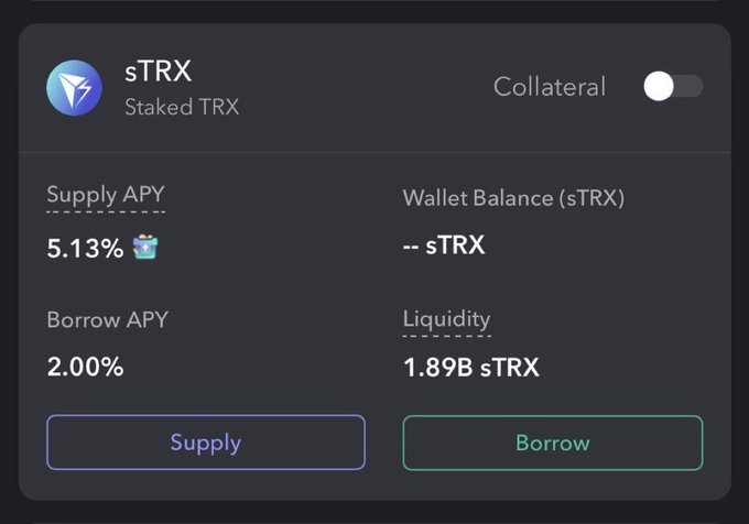A lending interface displays sTRX (Staked TRX) with a 5.13% Supply APY and 2.00% Borrow APY, showing 1.89B sTRX liquidity and Supply/Borrow action buttons. The image illustrates the auto-farming opportunity by showing how staked TRX tokens can be supplied to earn yield on top of base staking rewards.
