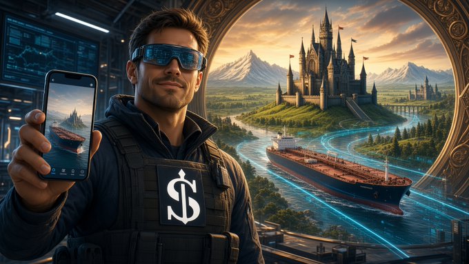 A digital art piece showing a man wearing smart glasses and tactical vest with a dollar sign, holding a smartphone displaying a ship, with a fantasy castle and cargo ship visible through a portal.