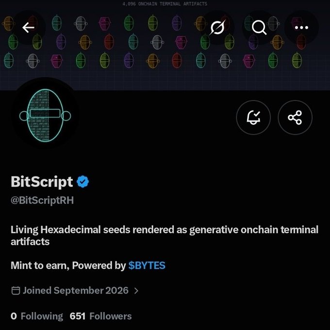 A Twitter/X profile for "BitScript" (@BitScriptRH), describing itself as "Living Hexadeciamal seeds rendered as generative onchain terminal artifacts" and powered by $BYTES, with 651 followers.