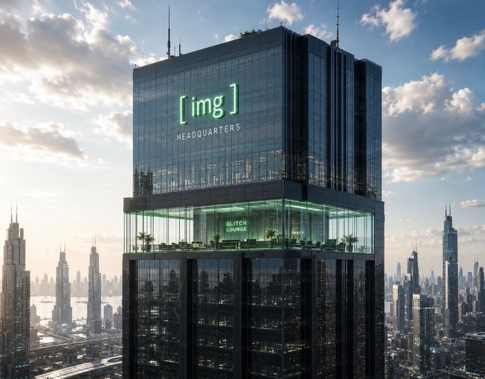 A futuristic glass skyscraper labeled '[img] HEADQUARTERS' with a 'GLITCH LOUNGE' floor featuring glowing green lighting, set against a sprawling city skyline at sunset.