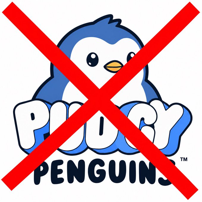 The image shows the Pudgy Penguins NFT logo (a blue and white penguin mascot with the text "PUDGY PENGUINS") crossed out with a large red X, symbolizing rejection or disinterest in the project. This visually reinforces the post's message that the founder (Luca) doesn't care about Pudgy Penguins or the Pengu token, as he's focused on transitioning to retail/Web 2 with plans to IPO Igloo.
