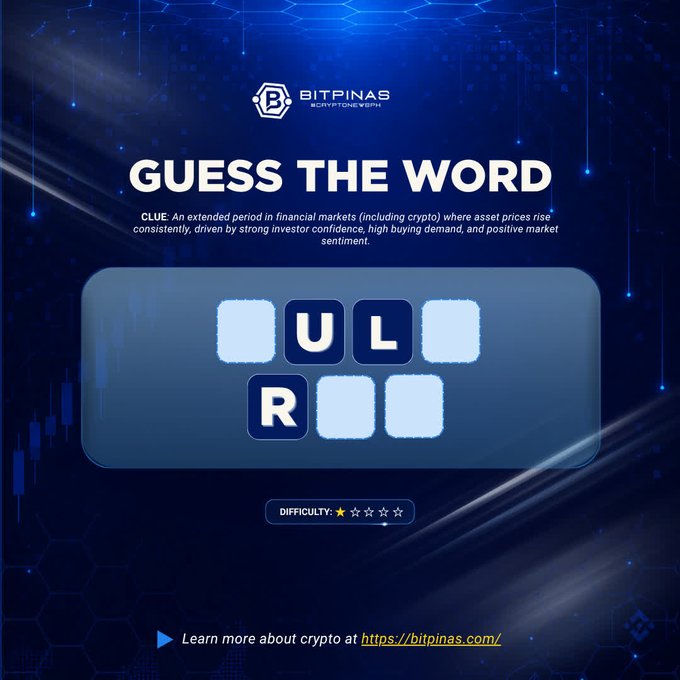 A 'Guess The Word' graphic from Bitpinas shows the clue about an extended bull market in crypto, with the letters U, L, and R revealed.
