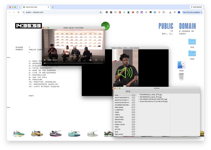 A web browser displaying the public---domain.com architecture site with multiple overlapping windows showing video content labeled 'VIRGIL ABLOH: THE CODES' and 'TERRA FIRMA: VIRGIL x NIKE DESIGN', along with a file archive window.