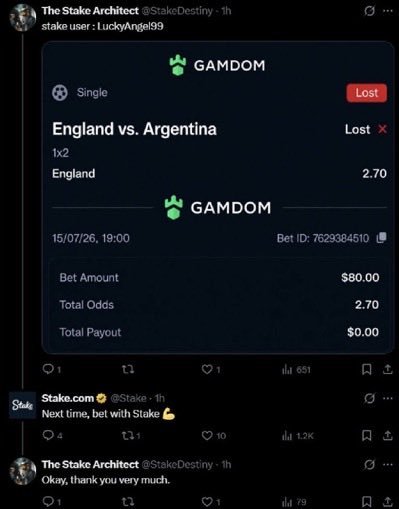 A screenshot of a tweet from "The Stake Architect" (@StakeDestiny) showing a lost $80 bet on England vs. Argentina with 2.70 total odds on the platform GAMDOM, shared to contrast losing bets elsewhere with the real-time payouts offered on Stake.com.