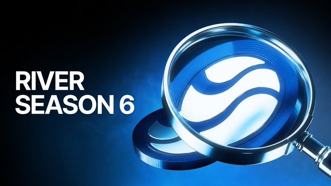 Promotional graphic featuring a magnifying glass over a blue logo with wavy lines, alongside the text 'RIVER SEASON 6' against a dark background.