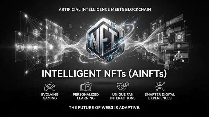 A black and white promotional graphic titled 'INTELLIGENT NFTs (AINFTs)' with the tagline 'ARTIFICIAL INTELLIGENCE MEETS BLOCKCHAIN' and 'THE FUTURE OF WEB3 IS ADAPTIVE,' highlighting features like evolving gaming and personalized learning.