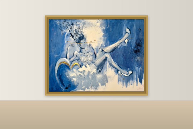 A framed painting depicts a white, abstract figure reclining amidst blue and white brushstrokes, with a large heart shape visible on the left side.