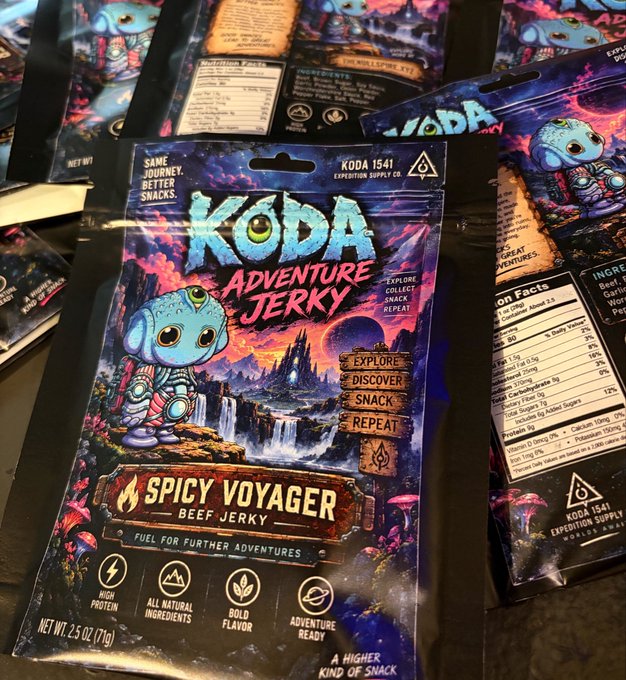 A bag of "Koda Adventure Jerky" in the "Spicy Voyager Beef Jerky" flavor, featuring a blue alien mascot and text "Fuel for Further Adventures," sits on a table with other identical packages. The image corresponds to the post about the user's wife making a small batch of Koda Adventure Jerky for Apefest, highlighting the unique spicy jerky snack created for the event.