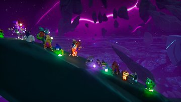 A scene from a video game featuring small colorful characters with glowing lights in a dark, purple-hued rocky landscape with floating debris.