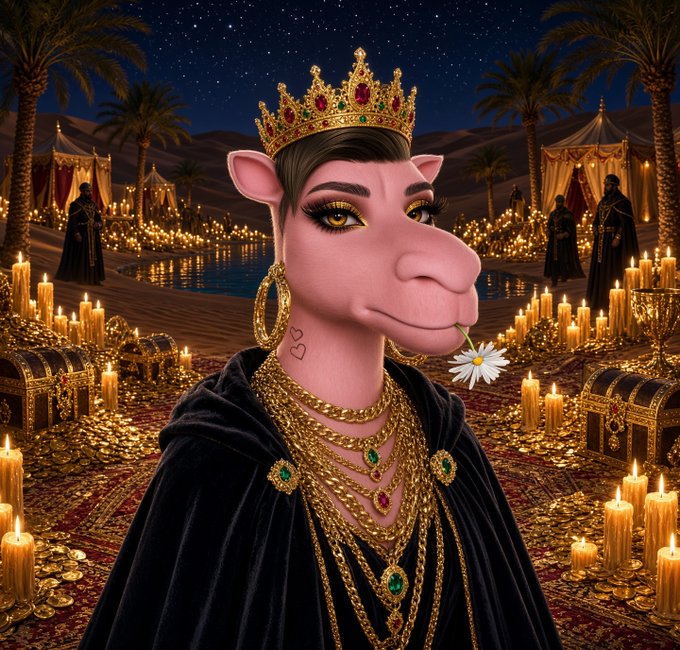 An AI-generated image of a regal anthropomorphic camel figure wearing a jeweled golden crown and multiple gold necklaces, set against a desert oasis background filled with candles and treasure.