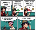 A four-panel comic meme about cryptocurrency shows a man thinking it's easy, going up poor and down poor, asking how to make money, and then remembering a friend said '...MAKE MONEY!'.