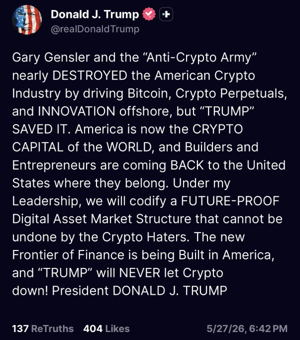 The image is a twitter post which contains a text that reads about Donald Trump's tweets related to "The Anti-Crypto Army" or "Antivirus" and how some of his tweets have been factually inaccurate concerning the US Cryptocurrency market structure, Bitcoin, and President Donald J. Trump.
