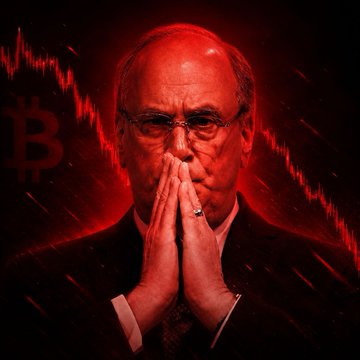 An elderly man in a suit holds his hands together in a worried prayer-like gesture against a dramatic red backdrop featuring a Bitcoin logo and a sharply declining price chart, visually conveying panic over the $1.34 billion ETF selloff and Bitcoin's drop to $58,320.
