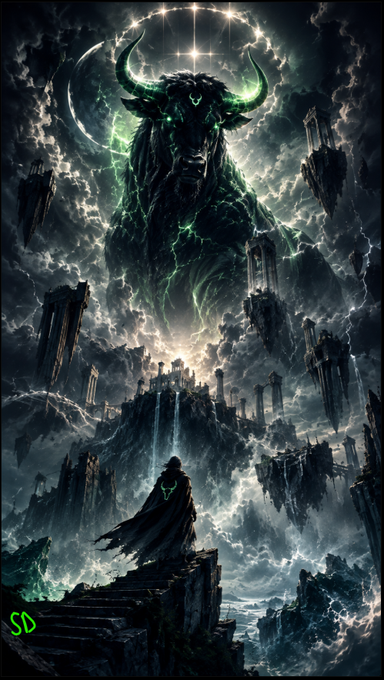 A dramatic fantasy artwork depicting a cloaked figure standing before a massive horned bull-like entity glowing with green energy amid floating ruins and stormy clouds.