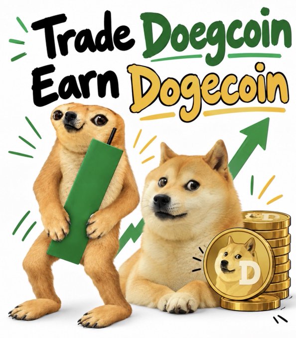 A meme illustration featuring Doge and Cheems with the text 'Trade Dogecoin, Earn Dogecoin' alongside Dogecoin coin graphics and an upward green arrow.