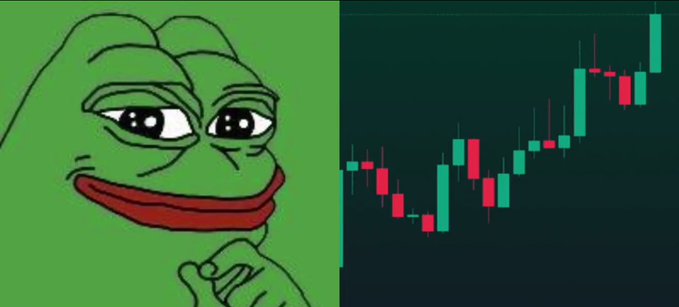 A split image showing the Pepe the Frog meme character on the left and a green and red stock market candlestick chart on the right.