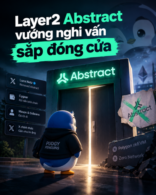 A promotional graphic featuring a penguin character in a hoodie labeled 'PUDGY PENGUINS' standing before an 'Abstract' doorway, with text in Vietnamese ('Layer2 Abstract vướng nghi vấn sập đóng cửa') and sidebar items mentioning 'Luca Netz', 'Cygaar', 'Mason & 0xBeans', 'Polygon zkEVM', and 'Zero Network'.