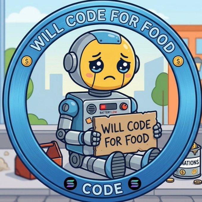 A cartoon-style crypto token logo featuring a sad robot holding a 'WILL CODE FOR FOOD' sign, encircled by text 'WILL CODE FOR FOOD' at the top and 'CODE' at the bottom.