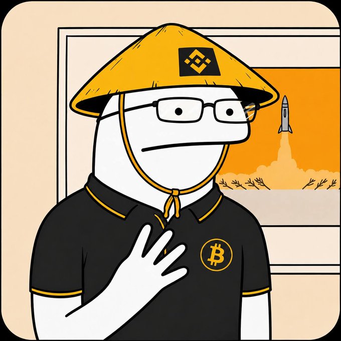 A cartoon Flork character wearing a conical hat with the Binance logo and a black polo shirt with a Bitcoin (₿) symbol stands in front of a window showing a rocket launching into an orange sky. The image ties into the "flork" post by using the meme-style mascot to playfully represent crypto traders watching Bitcoin's "moon" rally.