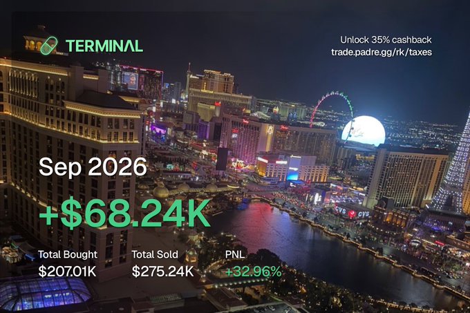 The image shows a Terminal-branded trading dashboard overlay on a nighttime Las Vegas skyline, highlighting "+$68.24K" gains for September 2026 with Total Bought at $207.01K and Total Sold at $275.24K, reflecting a +32.96% PNL—visually celebrating the impressive returns grown from an initial 10 Solana investment.