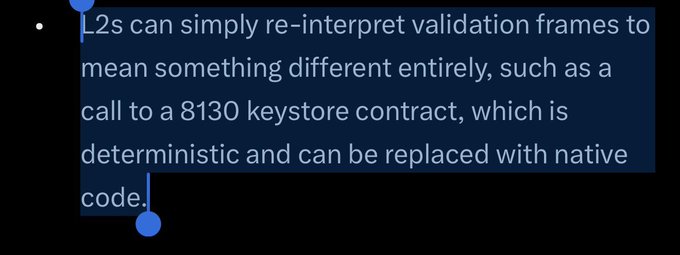 A bullet point on a dark slide reads: "L2s can simply re-interpret validation frames to mean something different entirely, such as a call to a 8130 keystore contract, which is deterministic and can be replaced with native code."

The slide appears to highlight a technical insight about Layer 2 scaling solutions that complements Ethlabs' collaborative discussion on Ethereum's evolving architecture.