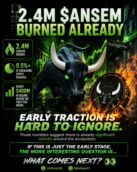 A dark, dramatic cryptocurrency promotional graphic featuring a black bull with glowing green eyes surrounded by flames, with text reading '2.4M $ANSEM BURNED ALREADY' and statistics like '0.5%+ OF CIRCULATING SUPPLY REMOVED' and 'NEARLY $400M IN VOLUME', tagging '@blknoiz06' and '@BullpenFi'.