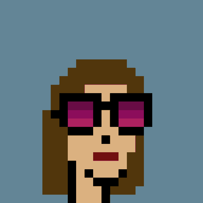 Pixel art portrait of CryptoPunk #53, featuring brown hair, a peach-toned face, and distinctive purple/magenta gradient shutter shades, set against a light blue background. The image corresponds to the NFT acquisition noted in the post, which records Punk #53 being purchased for 49 ETH (~$94,639) between the listed wallet addresses.