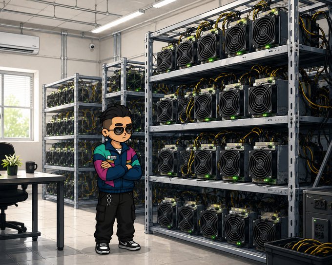 A stylized illustration of a cartoon character wearing sunglasses and a colorful jacket standing confidently in front of rows of cryptocurrency mining rigs.