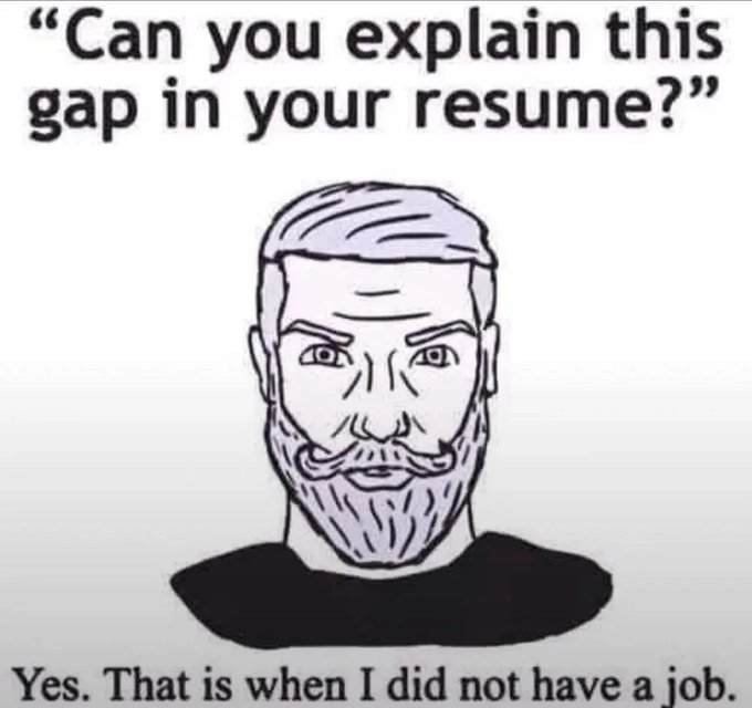 A meme featuring the 'Chad' wojak character with text reading 'Can you explain this gap in your resume?' at the top and 'Yes. That is when I did not have a job.' at the bottom.