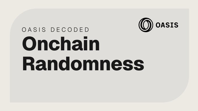 A gray banner displays the text "OASIS DECODED" above the bold heading "Onchain Randomness," with the Oasis Protocol logo in the top right corner. The graphic introduces the article's focus on Oasis Protocol's role in providing unbiased randomness as essential infrastructure for fair onchain games, raffles, and prediction markets.