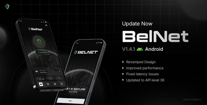 A promotional advertisement for 'BelNet V1.4.1 Android' app update, listing features like 'Revamped Design,' 'Improved performance,' and 'Fixed latency issues' against a dark background.