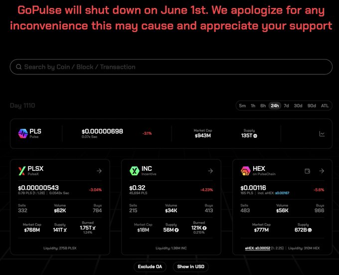 The image shows a website called "Focus on" with a red background and white text that reads "GoPulse will shut down on June 1st, We apologize for any inconvenience this may cause and appreciate your support". The website displays three different cryptocurrency options, including Bitcoin, Ethereum, and HEX. There is also a post about the PulseChain project, which was launched in May 2023.