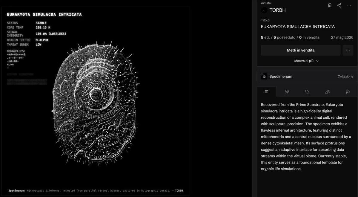 The image shows a computer screen displaying an interactive page with a digital representation of a cell from virtual biomes, along with information about the cell's properties. The text "Eukaryota simulacra intricata Digital animal cell from virtual biomes." is present on the screen. The image also includes a link to the post where it was shared and tagged by @TezosNFT.