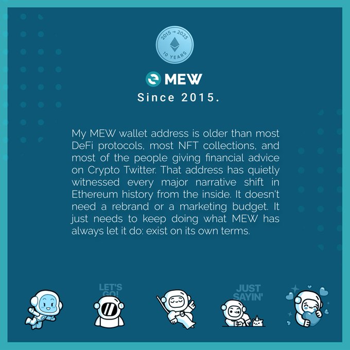 The image features a blue background with white text that reads "My MEW wallet address is older than most Defi protocols, most of the people giving financial advice on Crypto Twitter that addresses the issue of whether or not to use Bitcoin." The text also includes several illustrations of different characters and objects related to the post.