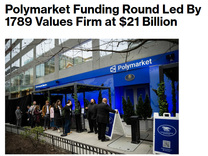 A headline announces "Polymarket Funding Round Led By 1789 Values Firm at $21 Billion," above an image showing a crowd gathered outside the Polymarket office, where a "Now Open" banner and blue branded facade are visible, commemorating the prediction market platform's milestone valuation.