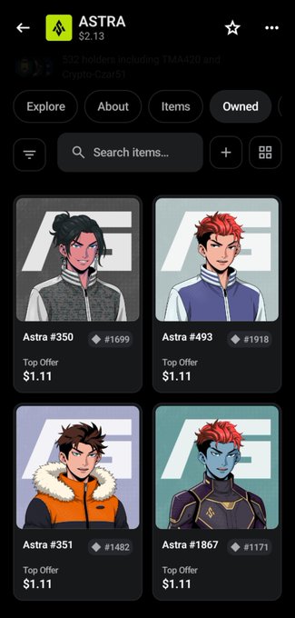 An NFT marketplace screenshot showing the ASTRA collection at $2.13 with items including Astra #350, #493, #351, and #1867 listed at a top offer of $1.11.