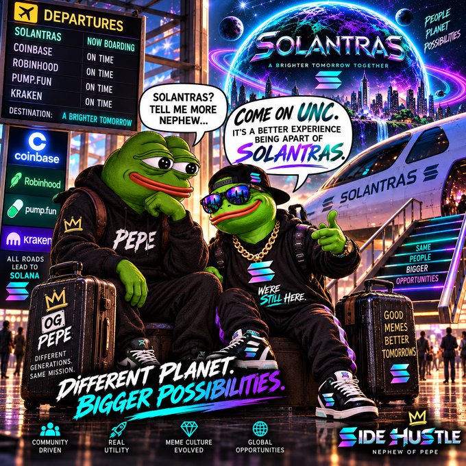 A promotional poster for 'SOLANTRAS' featuring two Pepe the Frog characters in streetwear at an airport departures board, with logos for Coinbase, Robinhood, Pump.fun, and Kraken.