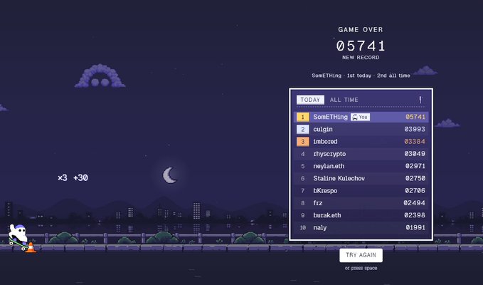 A pixel art "GAME OVER" screen showing a new record score of "05741" by "SomETHing" on a daily leaderboard ranking the top 10 players.