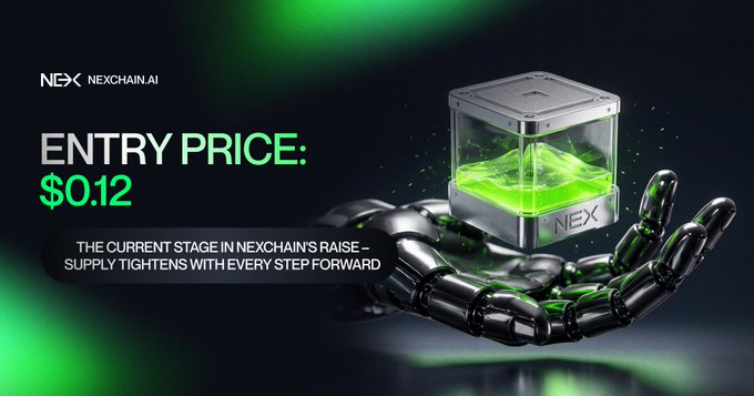 A robotic hand holds a glowing green NEX-branded cube alongside the text "ENTRY PRICE: $0.12" from NEXCHAIN.AI, visually reinforcing the post's message about a staged raise where supply tightens and the price advances in one direction only at $0.12.