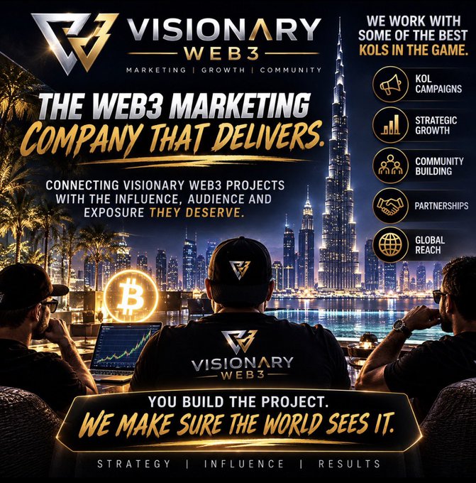 A promotional banner for 'VISIONARY WEB3 - MARKETING | GROWTH | COMMUNITY', advertising 'THE WEB3 MARKETING COMPANY THAT DELIVERS' with features like 'KOL CAMPAIGNS', 'STRATEGIC GROWTH', and 'COMMUNITY BUILDING' displayed alongside a Dubai skyline.