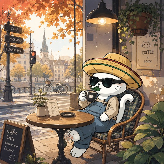 The image features a cartoon cat wearing sunglasses, a straw hat, and overalls sitting at an outdoor table with a cup of coffee. There are two potted plants nearby, one on each side of the table. The scene takes place outside a cafe or restaurant, as indicated by the presence of street signs in the background.