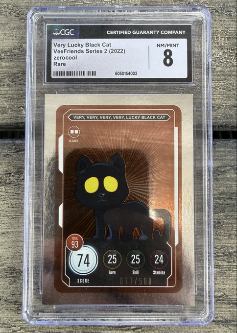 A graded trading card in a CGC slab with an 'NM/MINT 8' grade, titled 'Very, Very, Very, Very, Lucky Black Cat' from the VeeFriends Series 2 (2022), showing a black cat with yellow eyes and a score of 74.