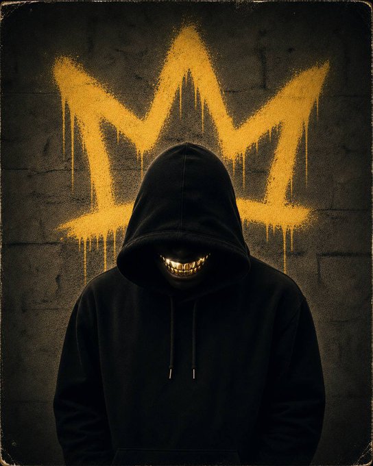 Dark, moody artwork of a hooded figure wearing a black hoodie with a menacing gold-toothed grin visible under the hood, set against a graffiti-style dripping yellow crown on a concrete wall.