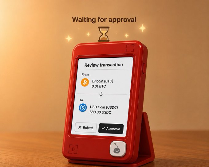A red crypto hardware device displaying 'Review transaction' for 0.01 BTC to 680.00 USDC, with 'Waiting for approval' text and an hourglass above.