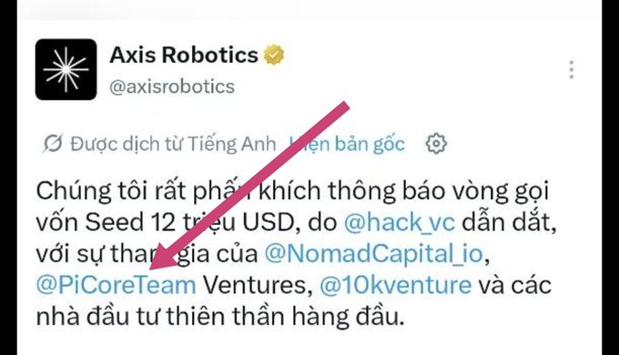 A tweet from Axis Robotics (@axisrobotics) announcing a $12 million Seed funding round led by @hack_vc, with participation from @NomadCapital_io, @PiCoreTeam Ventures, and @10kventure, with a red arrow pointing to '@hack_vc'.